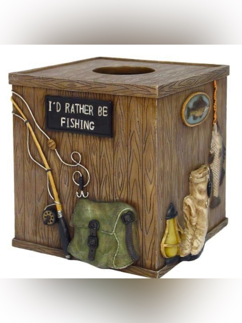 York Rustic Fishing Tissue Box Cover - 3D Fishing Gear on Each Side Vintage 2004